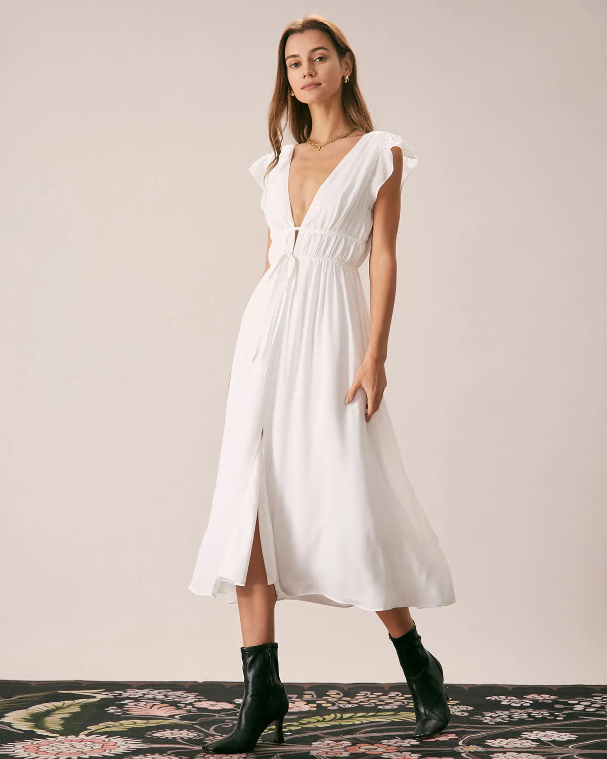 The White Deep V Neck Pleated Midi Dress sold by rihoas product image thumbnail 5