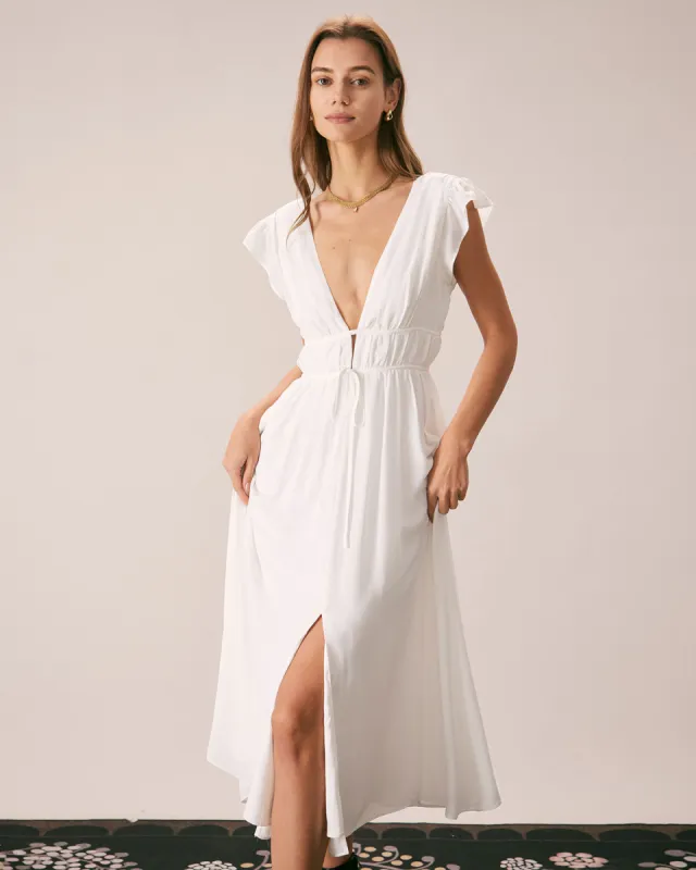 The White Deep V Neck Pleated Midi Dress sold by rihoas