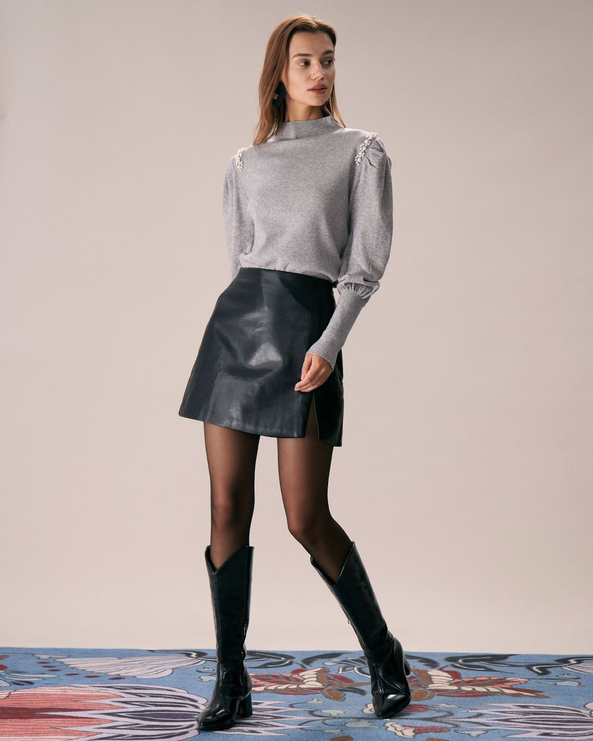 The Grey Mock Neck Lantern Sleeve Knit Top sold by rihoas product image thumbnail 4