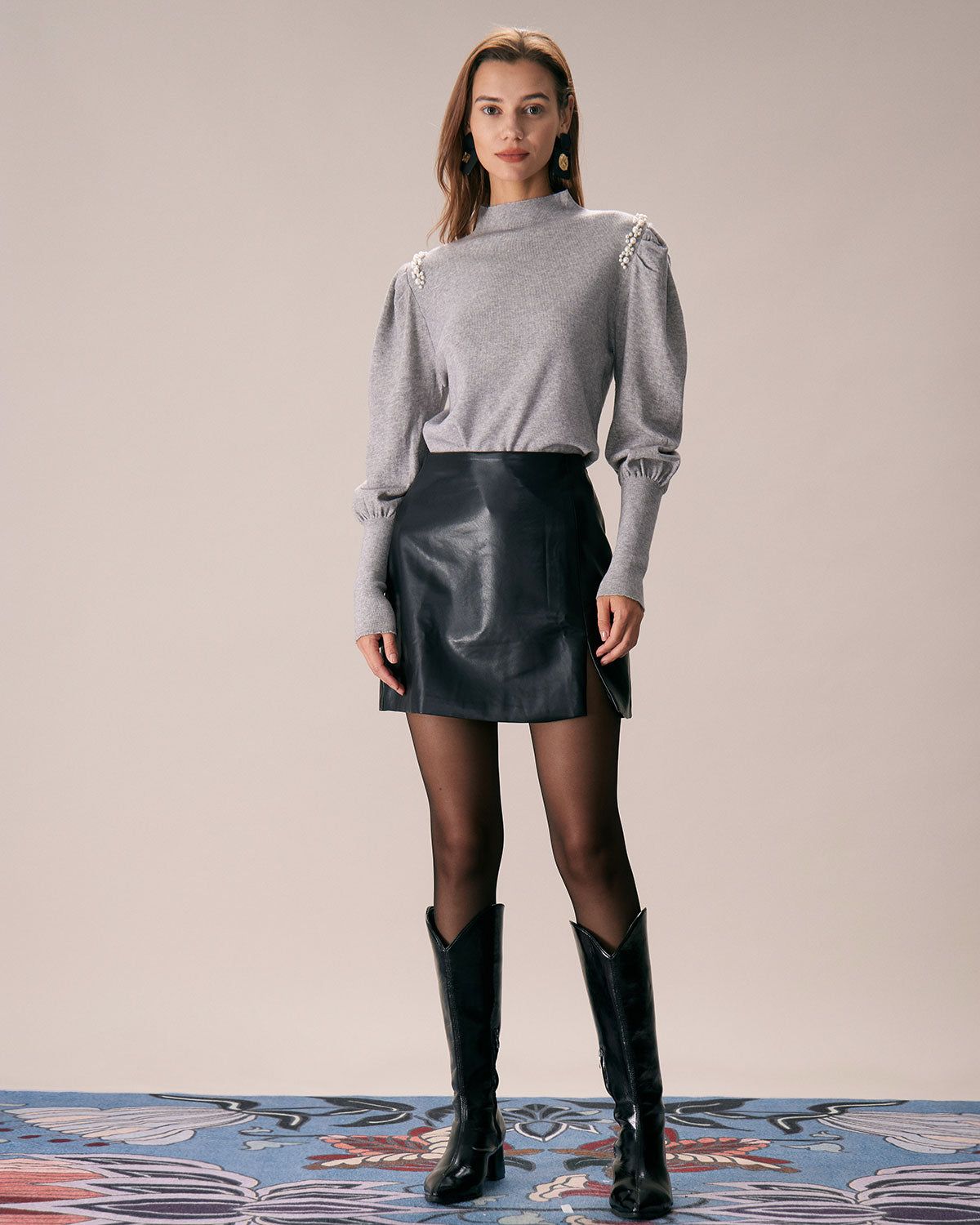 The Grey Mock Neck Lantern Sleeve Knit Top sold by rihoas product image thumbnail 3