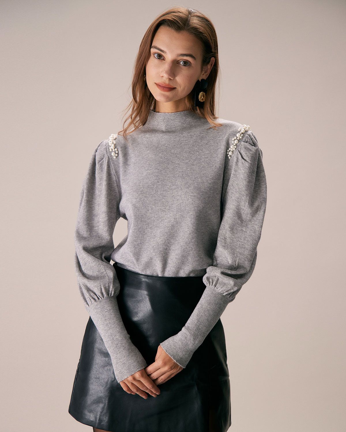 The Grey Mock Neck Lantern Sleeve Knit Top sold by rihoas