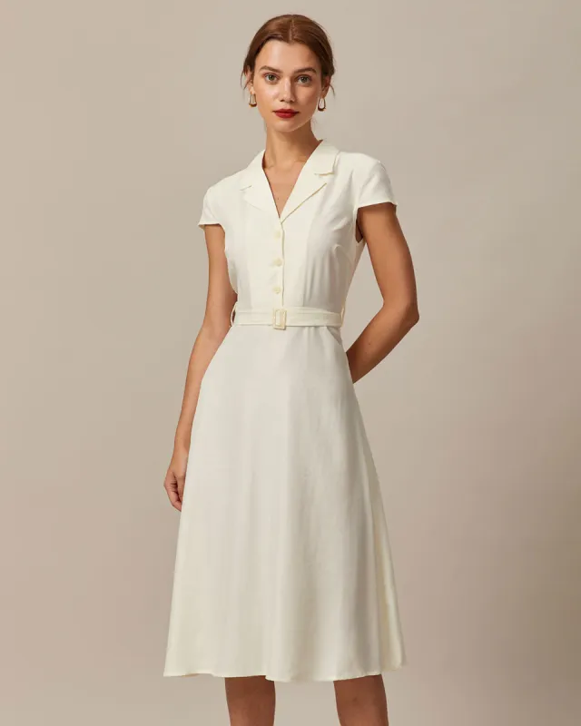 The Beige Lapel Cap Sleeve Shirt Midi Dress sold by rihoas