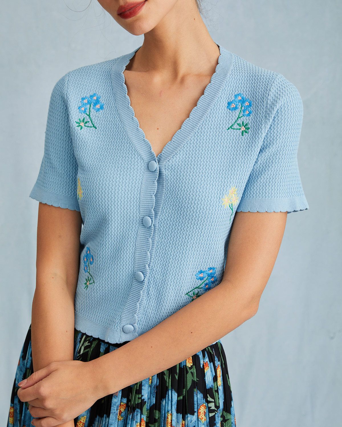 The Blue V Neck Floral Embroidery Knit Tee sold by rihoas product image thumbnail 2