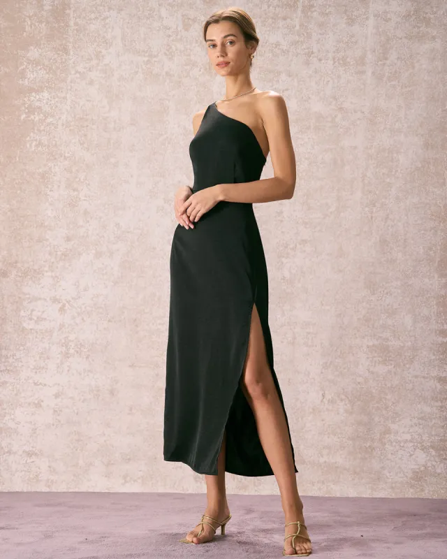 The Black One Shoulder Side Split Maxi Dress sold by rihoas