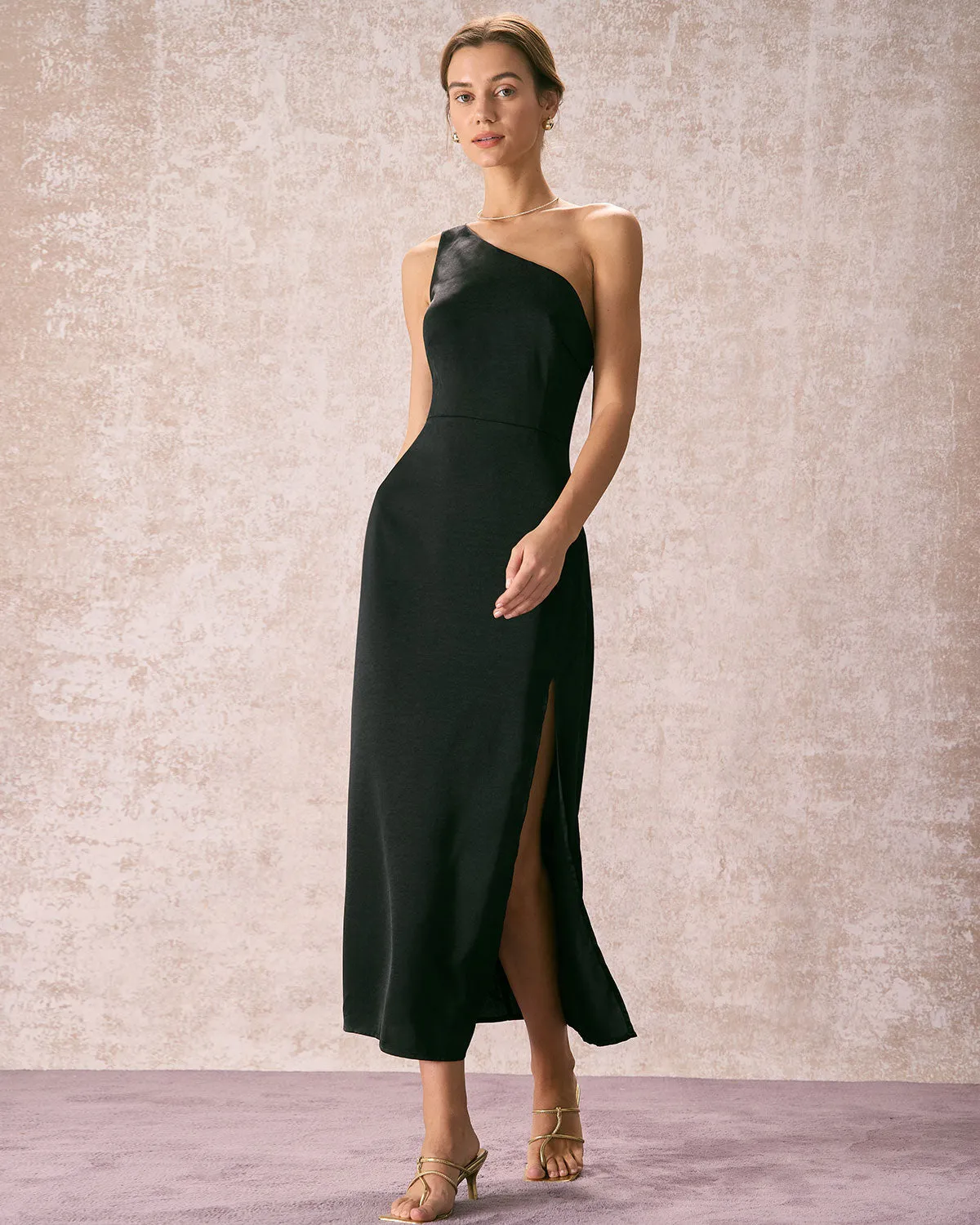 The Black One Shoulder Side Split Maxi Dress sold by rihoas product image thumbnail 5