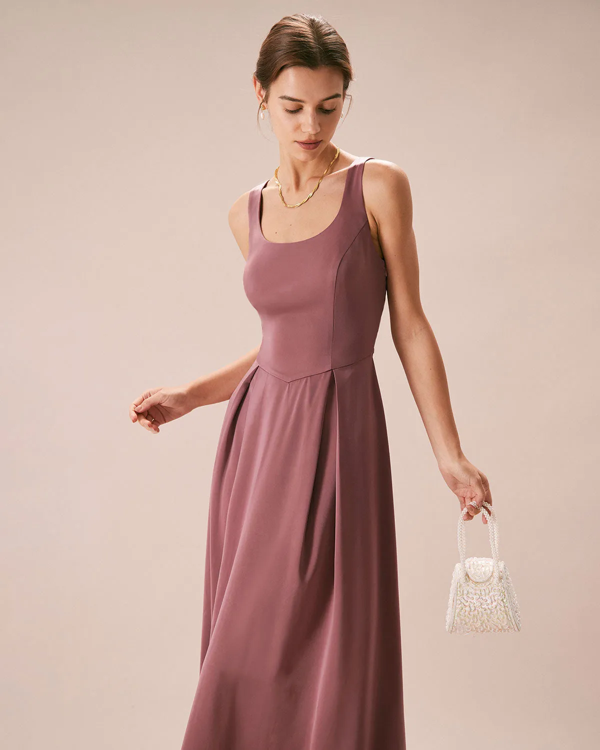 The Pink U-neck Sleeveless Satin Maxi Dress sold by rihoas product image thumbnail 3