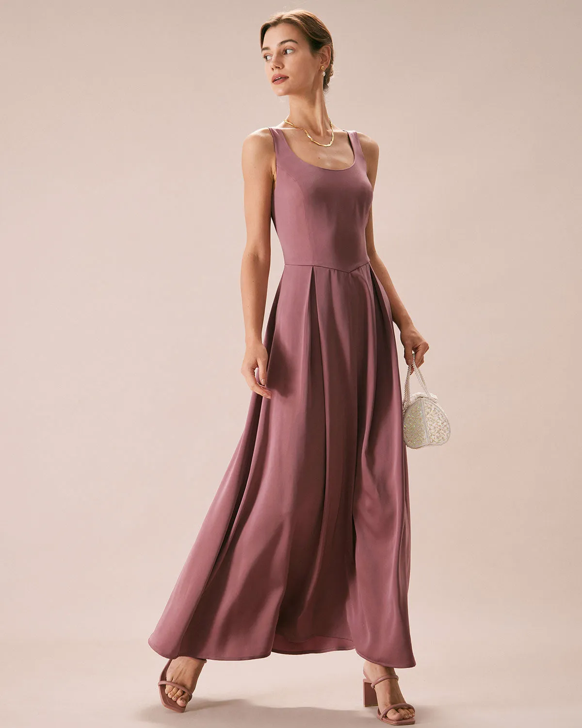 The Pink U-neck Sleeveless Satin Maxi Dress sold by rihoas product image thumbnail 5