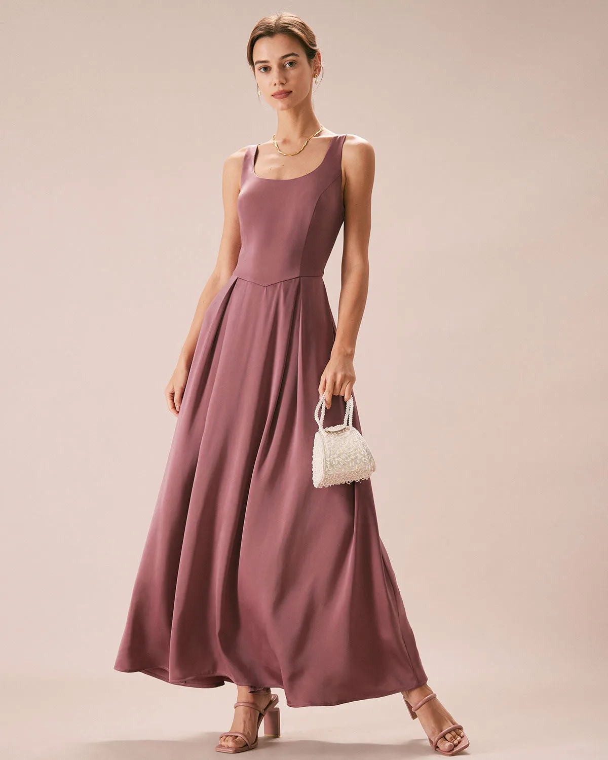 The Pink U-neck Sleeveless Satin Maxi Dress sold by rihoas