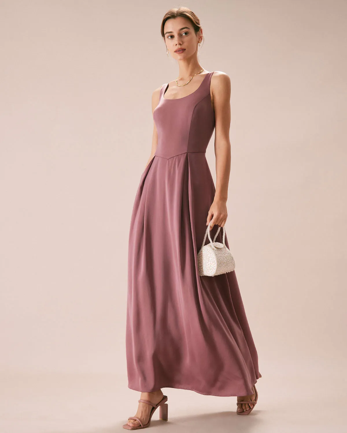 The Pink U-neck Sleeveless Satin Maxi Dress sold by rihoas product image thumbnail 4