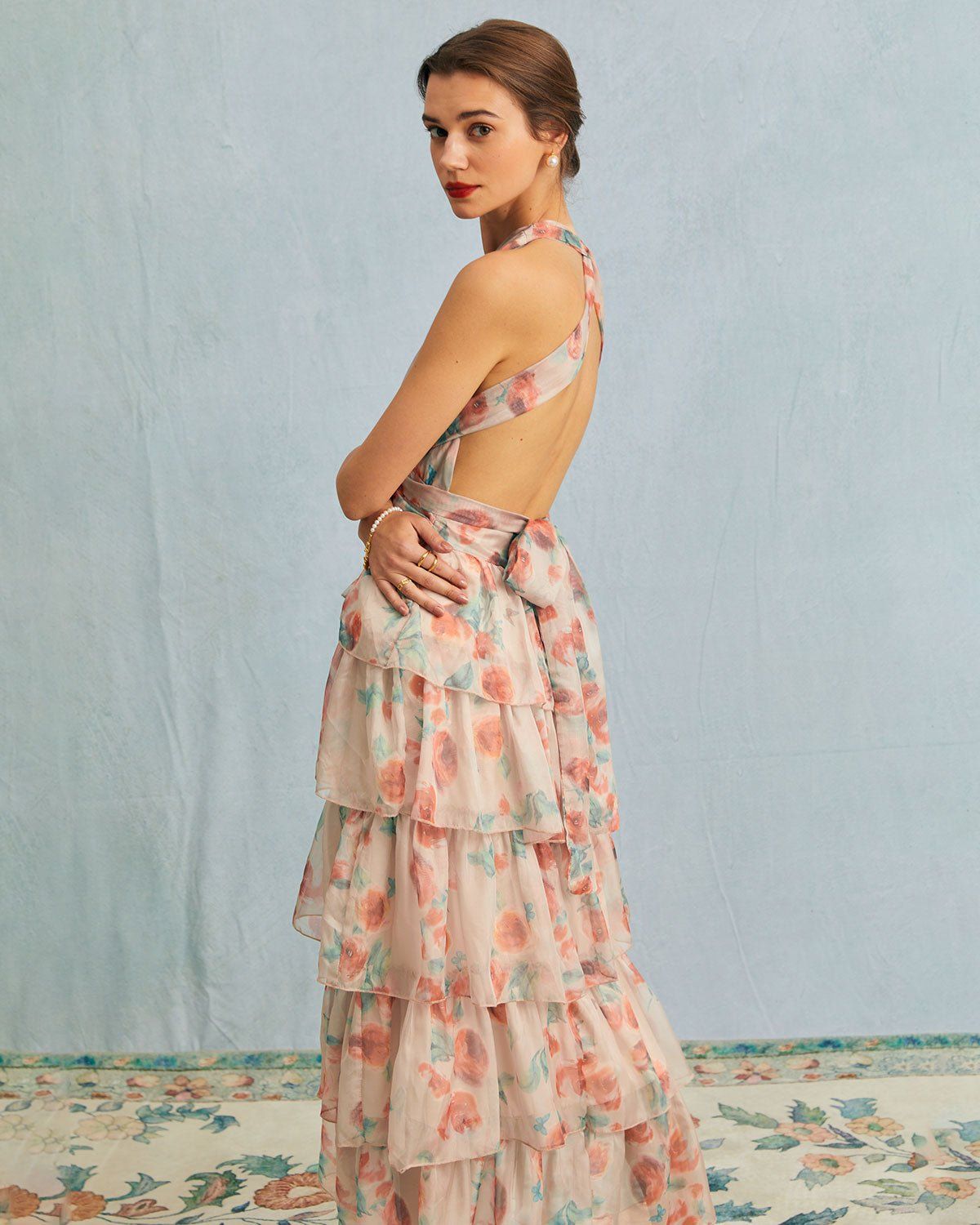 The Multi V Neck Layered Sheer Mesh Maxi Dress sold by rihoas product image thumbnail 3