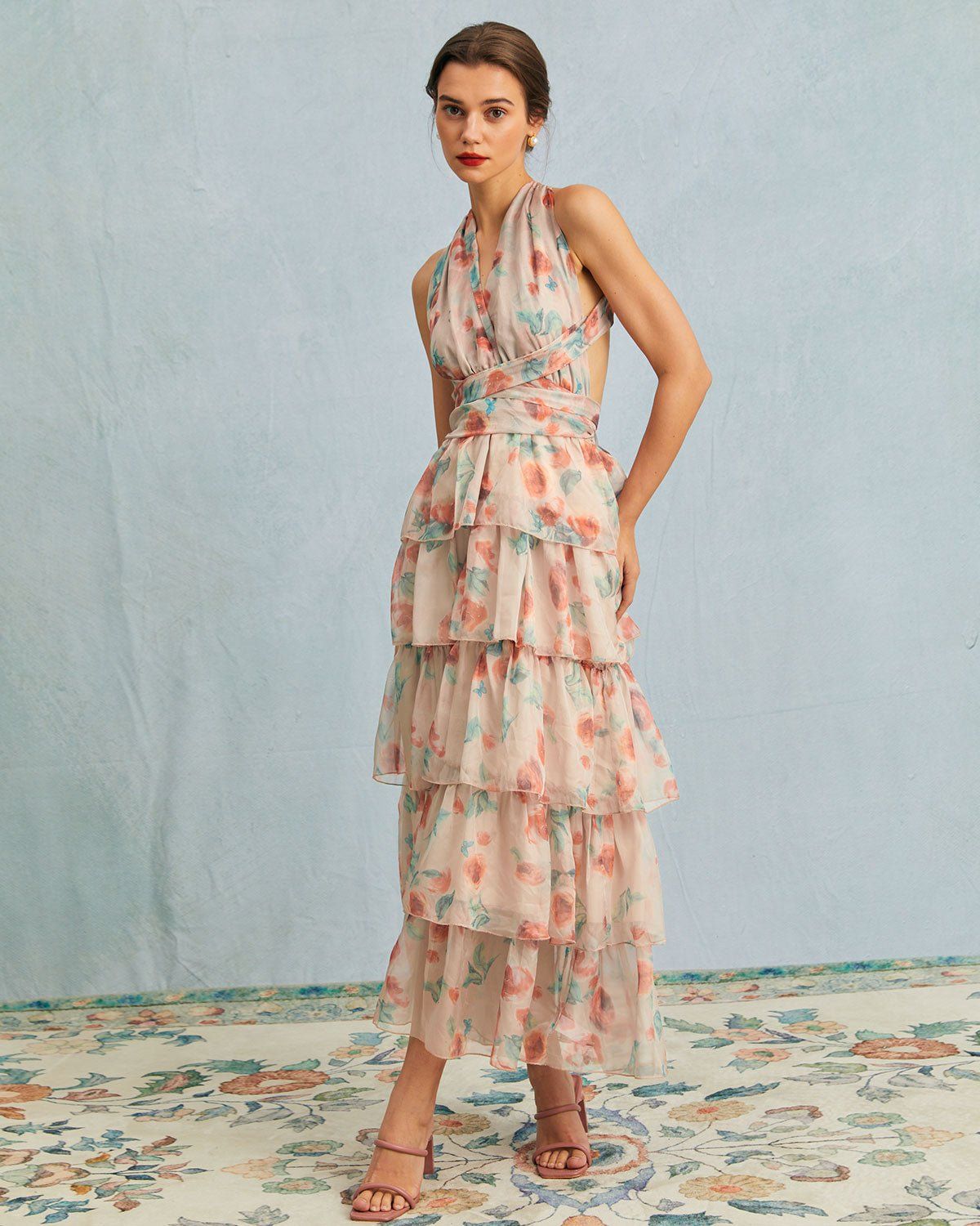 The Multi V Neck Layered Sheer Mesh Maxi Dress sold by rihoas