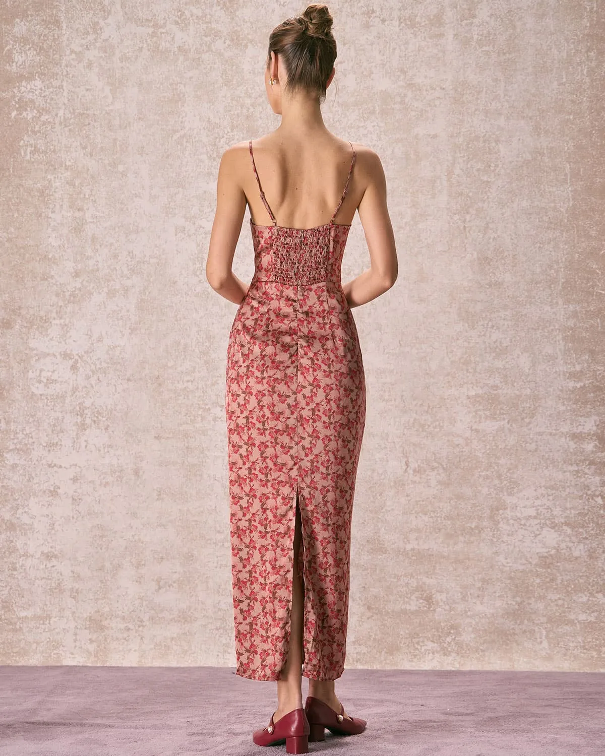 The Brick Red Floral Slit Maxi Dress sold by rihoas product image thumbnail 5