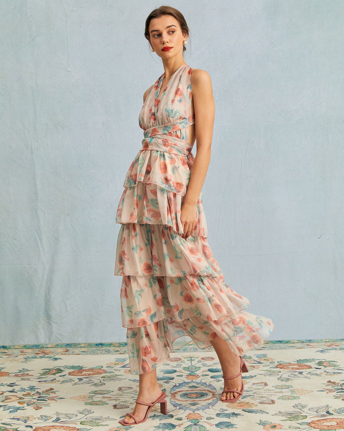 The Multi V Neck Layered Sheer Mesh Maxi Dress sold by rihoas product image thumbnail 5