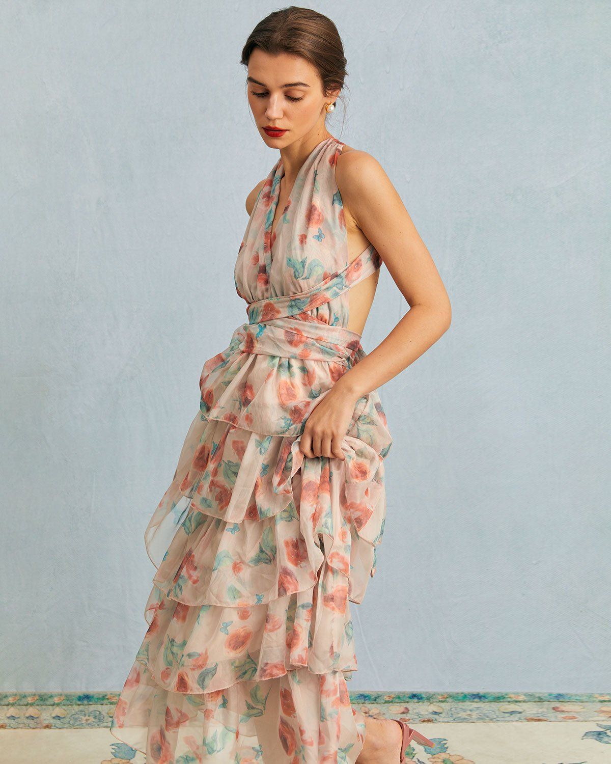 The Multi V Neck Layered Sheer Mesh Maxi Dress sold by rihoas product image thumbnail 2