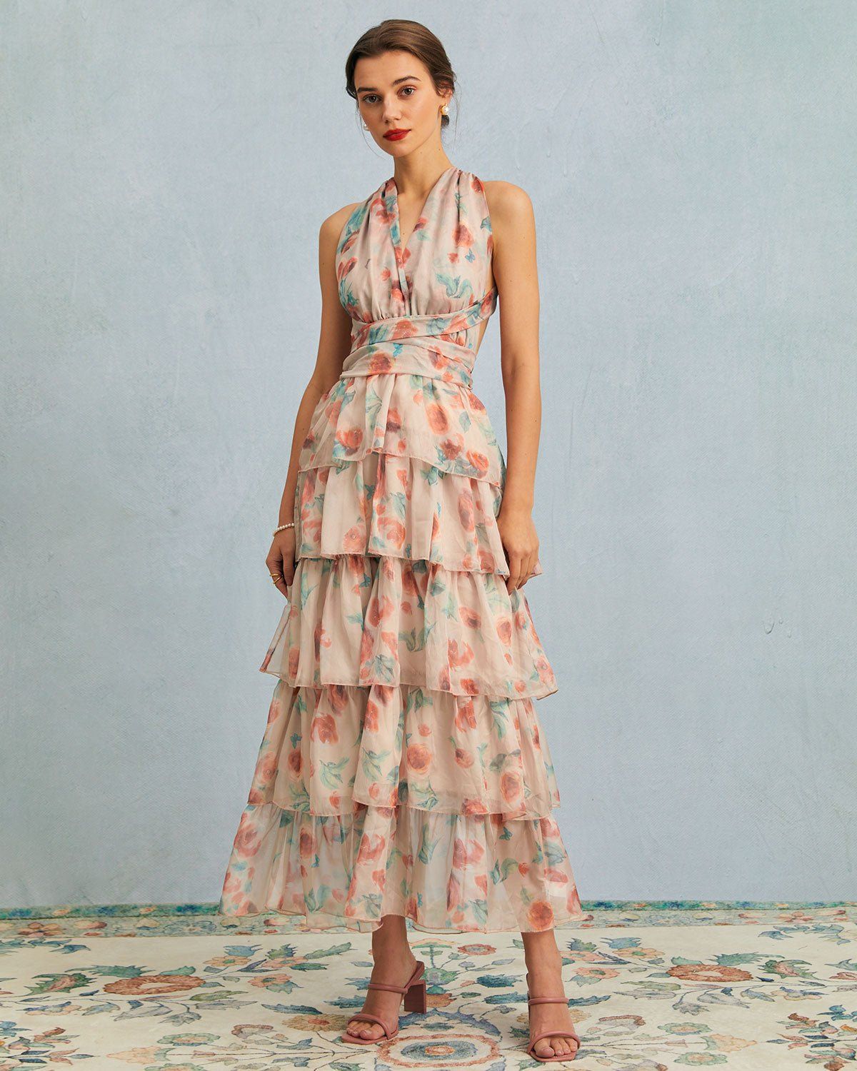 The Multi V Neck Layered Sheer Mesh Maxi Dress sold by rihoas product image thumbnail 4