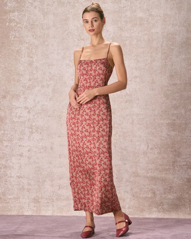 The Brick Red Floral Slit Maxi Dress sold by rihoas