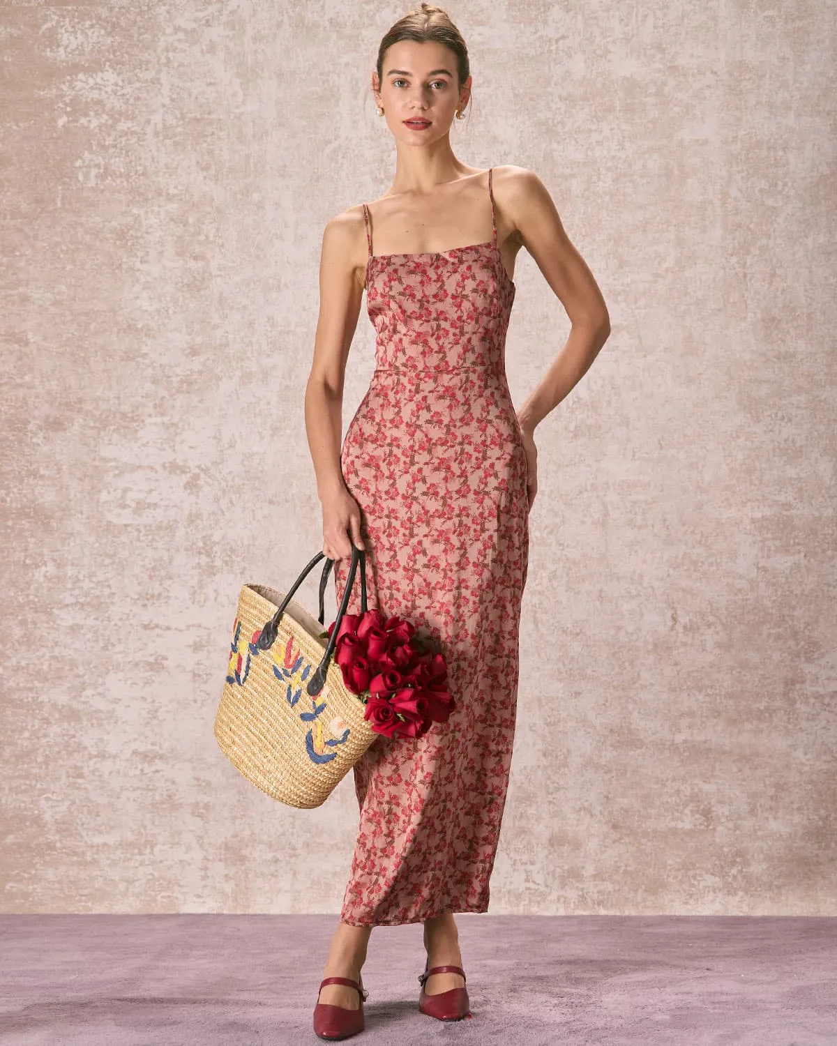 The Brick Red Floral Slit Maxi Dress sold by rihoas product image thumbnail 4
