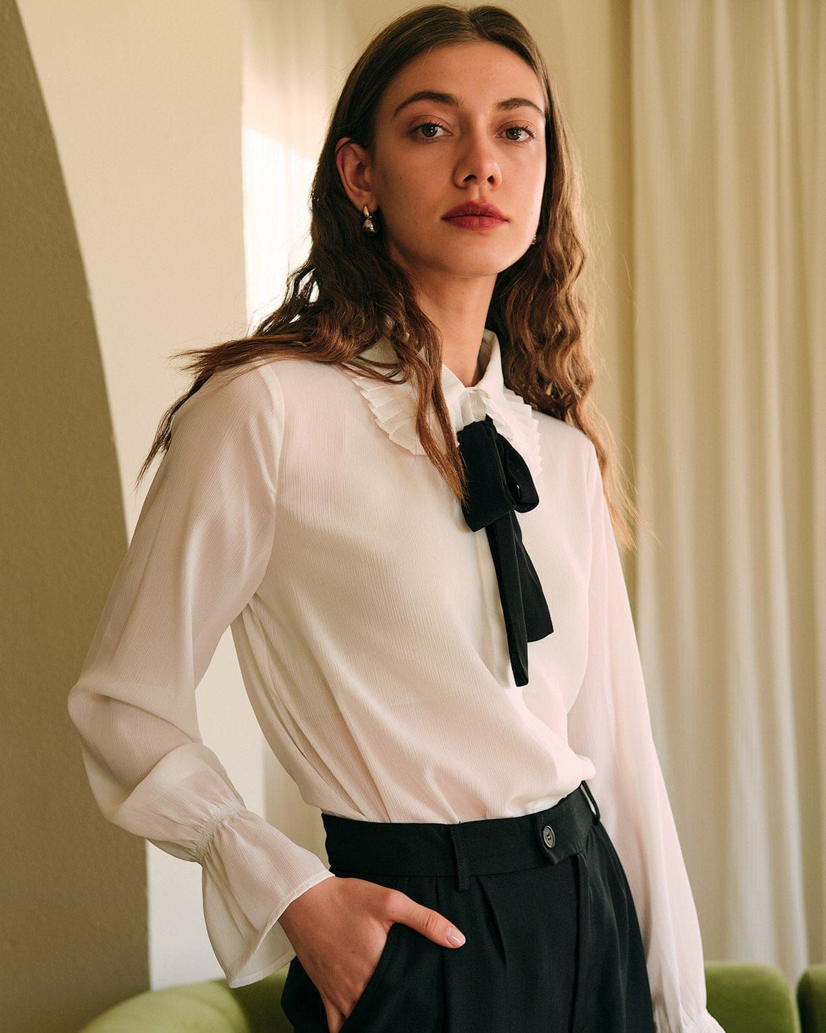 The Collared Ruffle See-through Blouse sold by rihoas