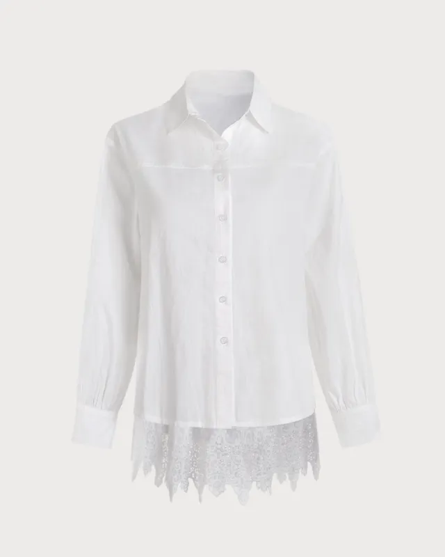 The White Collared Lace Spliced Button Up Blouse sold by rihoas