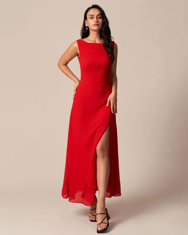 The Red Cowl Neck Cutout Ruched Maxi Dress sold by rihoas