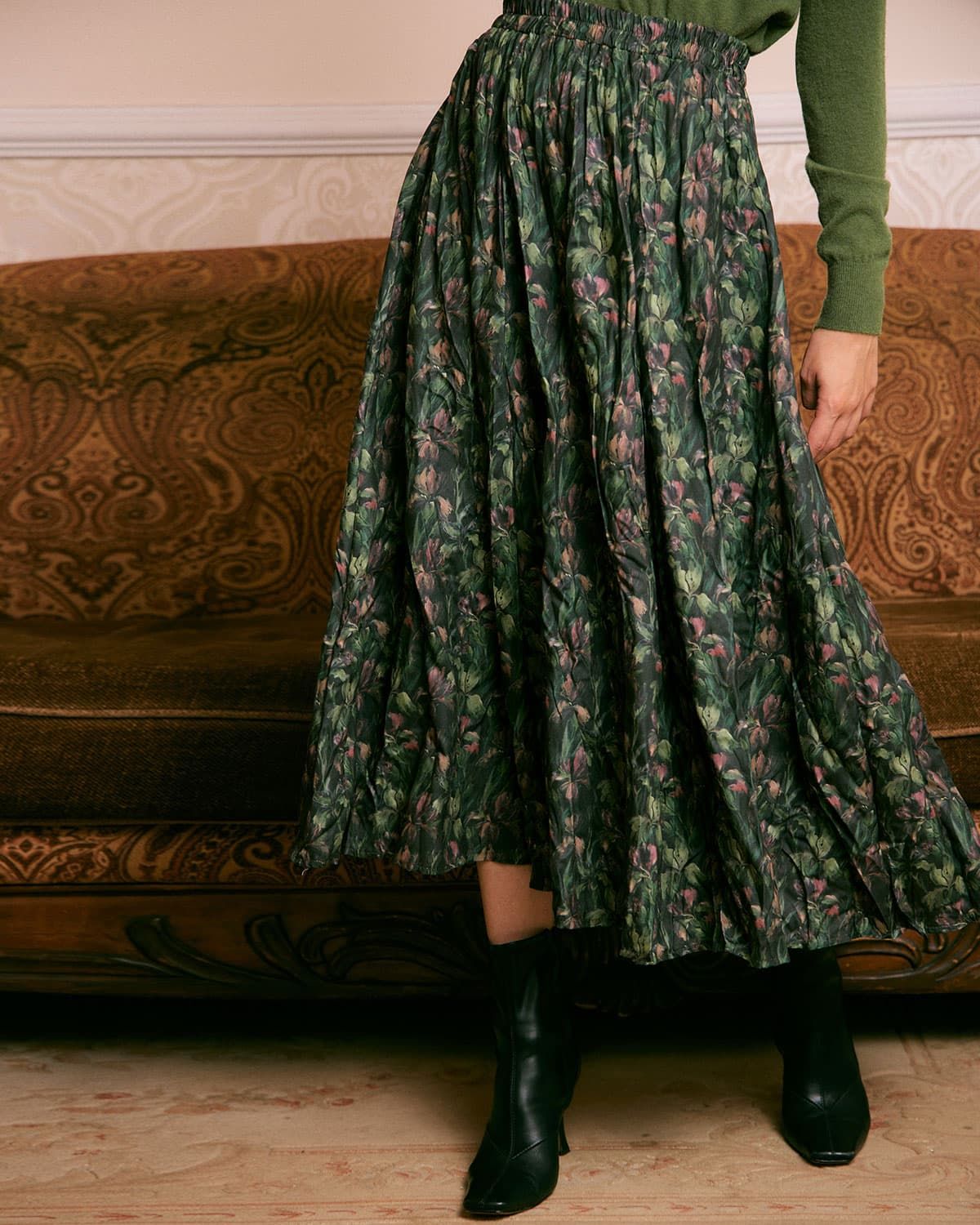 The Green Natural Waisted Floral Midi Skirt sold by rihoas product image thumbnail 4