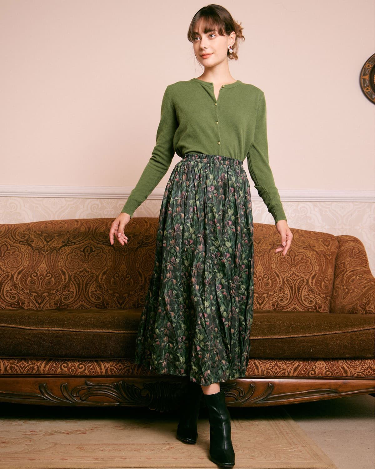 The Green Natural Waisted Floral Midi Skirt sold by rihoas product image thumbnail 3