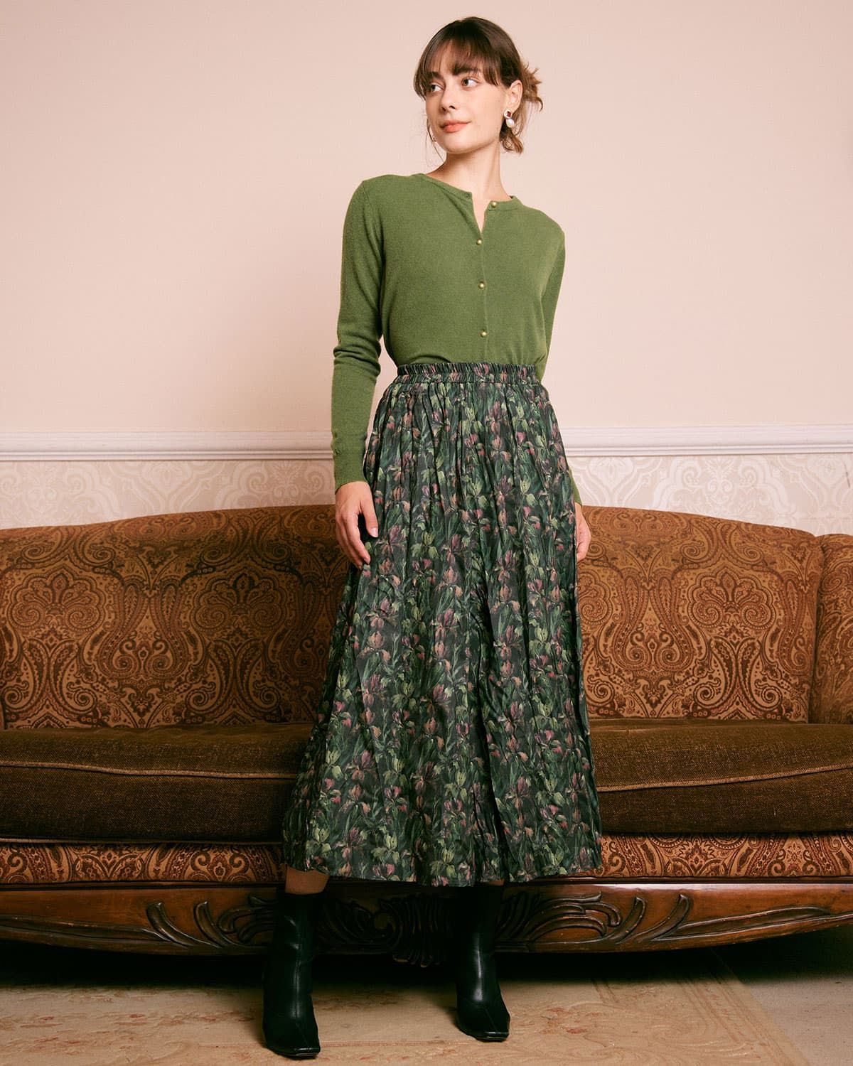The Green Natural Waisted Floral Midi Skirt sold by rihoas product image thumbnail 2