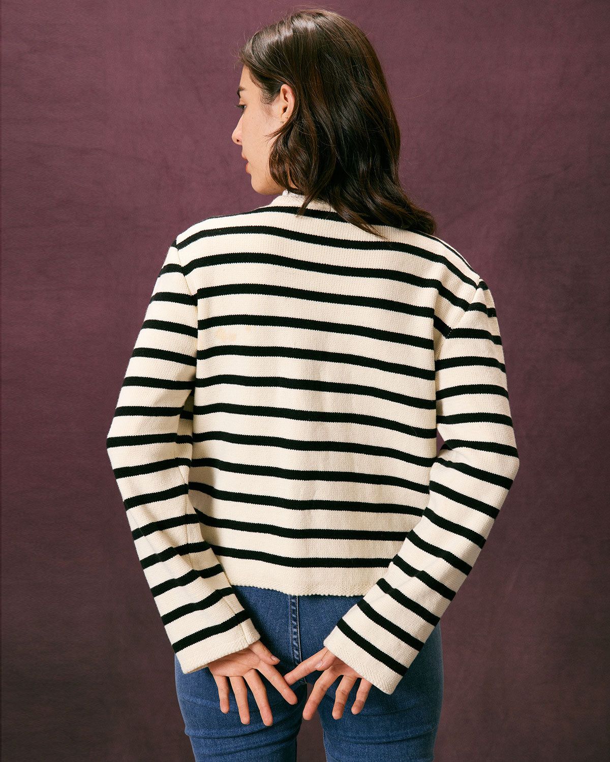 The Beige Round Neck Button Striped Cardigan sold by rihoas product image thumbnail 5