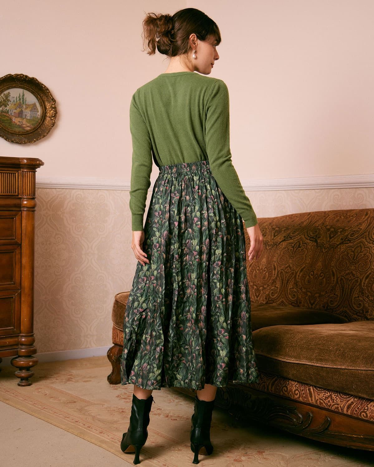 The Green Natural Waisted Floral Midi Skirt sold by rihoas product image thumbnail 6