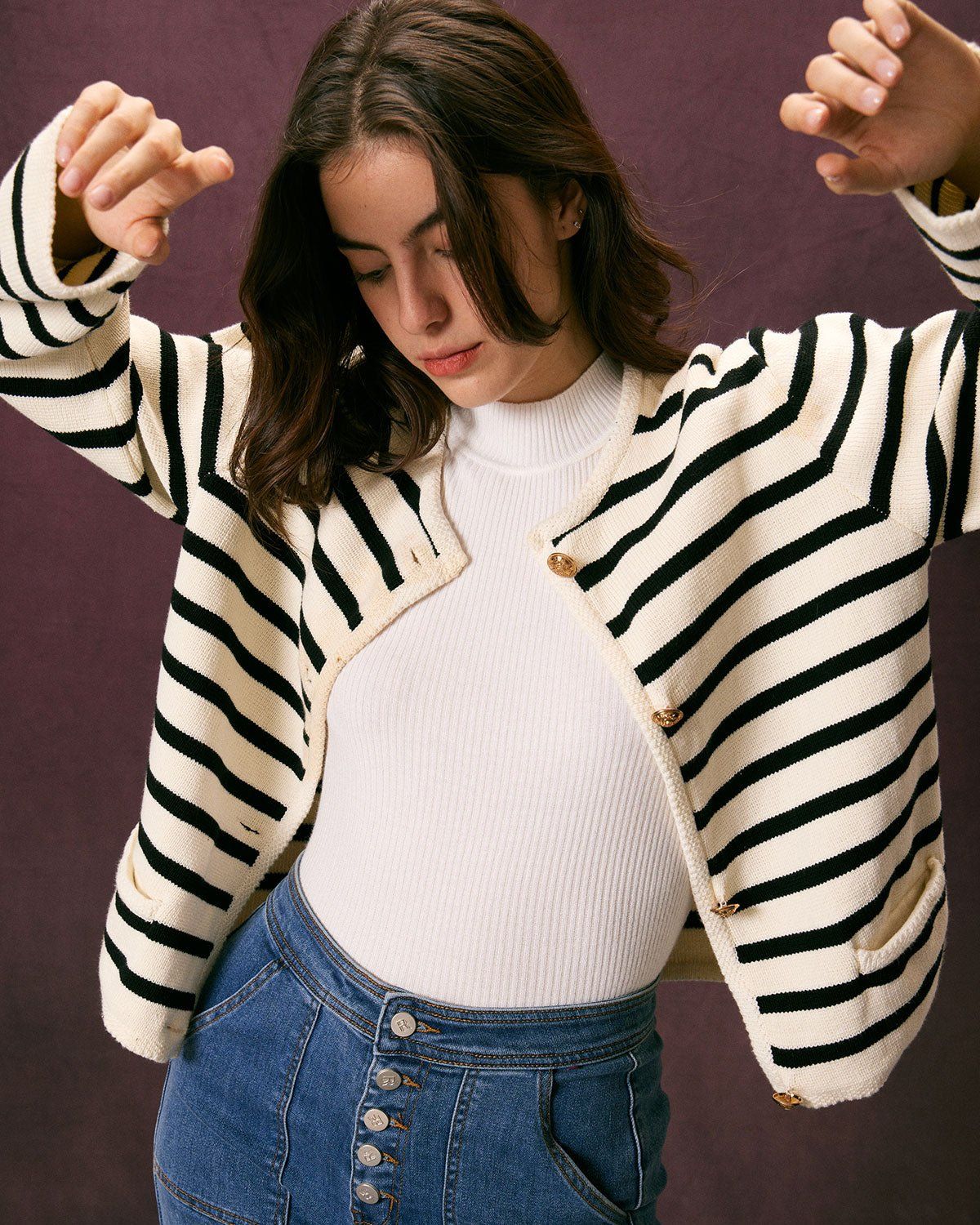 The Beige Round Neck Button Striped Cardigan sold by rihoas product image thumbnail 2