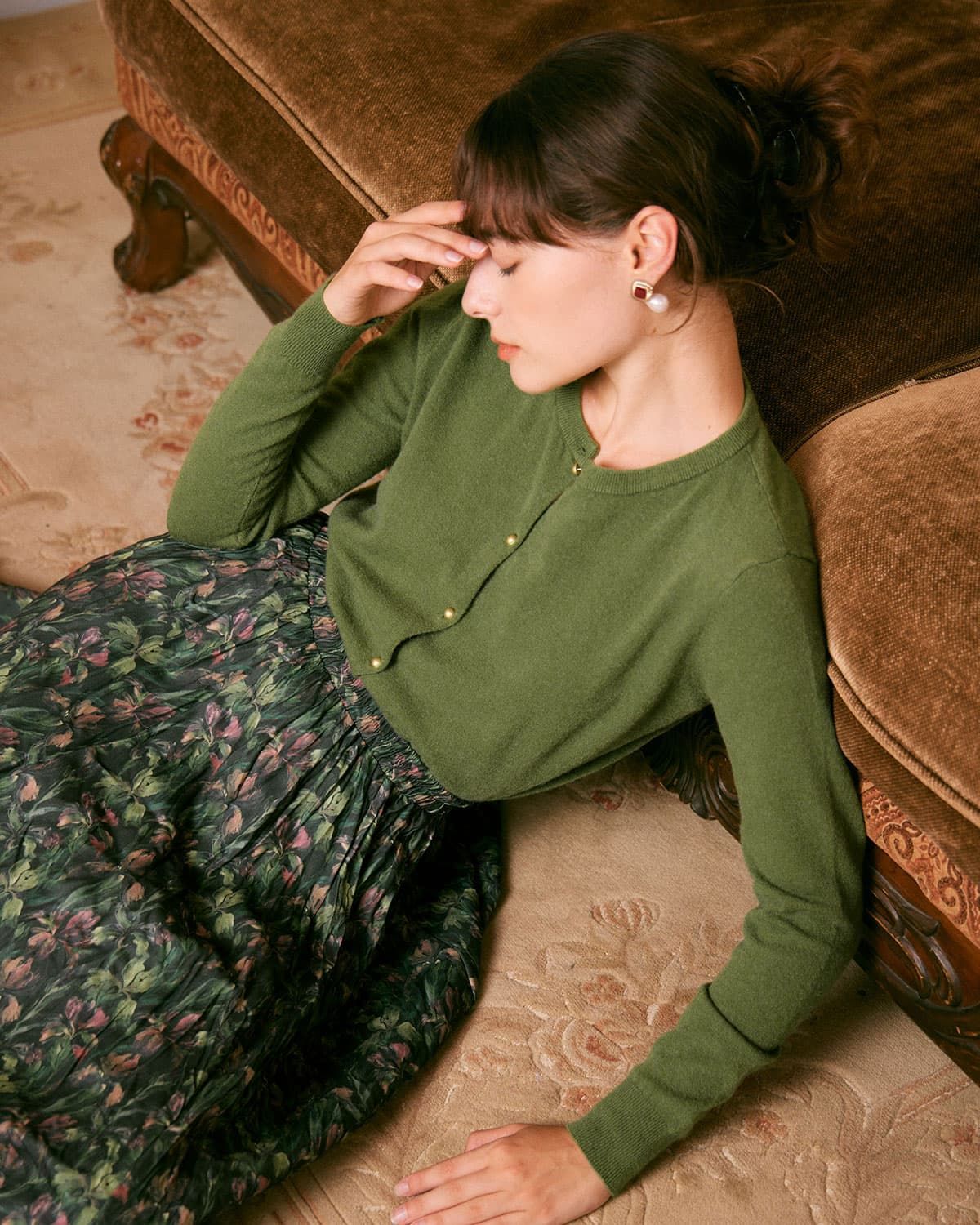 The Green Natural Waisted Floral Midi Skirt sold by rihoas product image thumbnail 5