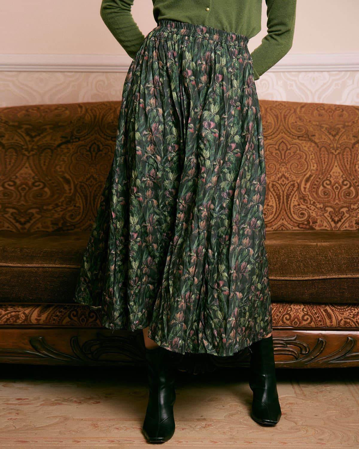 The Green Natural Waisted Floral Midi Skirt sold by rihoas