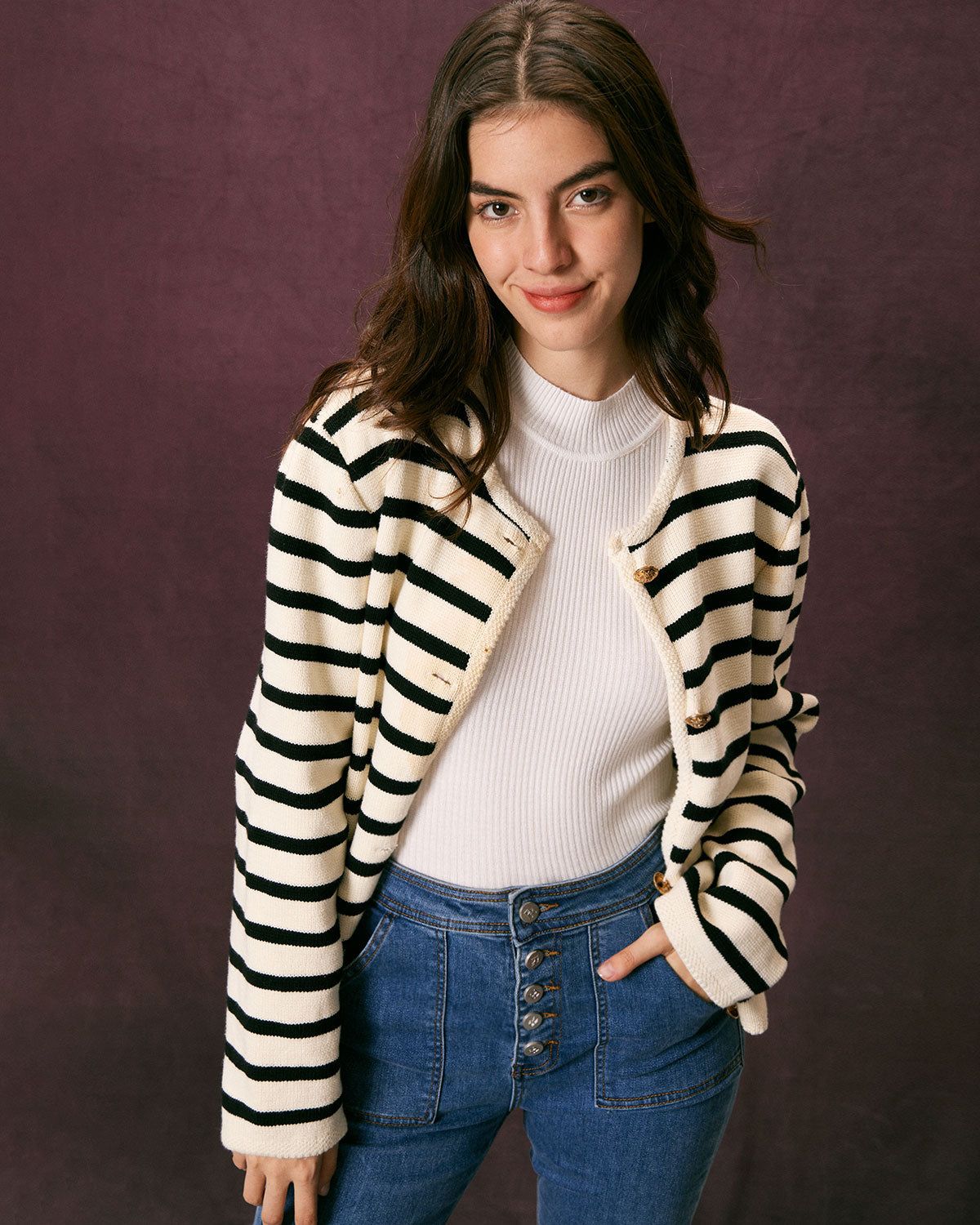 The Beige Round Neck Button Striped Cardigan sold by rihoas product image thumbnail 4