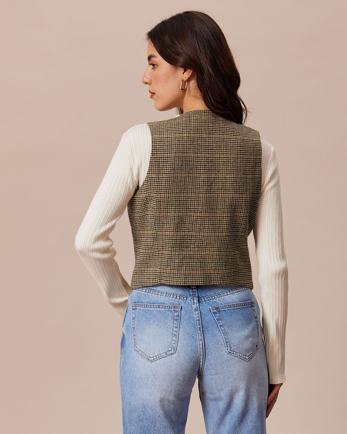 The Khaki V Neck Houndstooth Button Vest sold by rihoas product image thumbnail 5