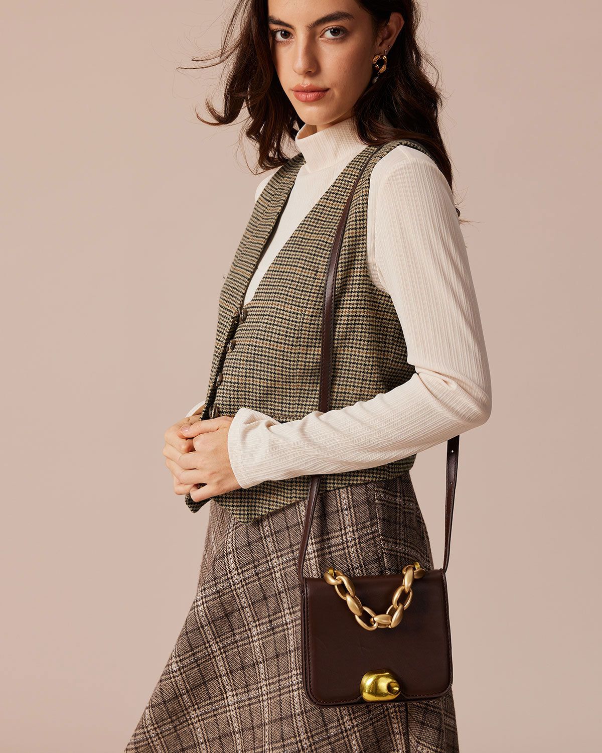 The Khaki V Neck Houndstooth Button Vest sold by rihoas product image thumbnail 2