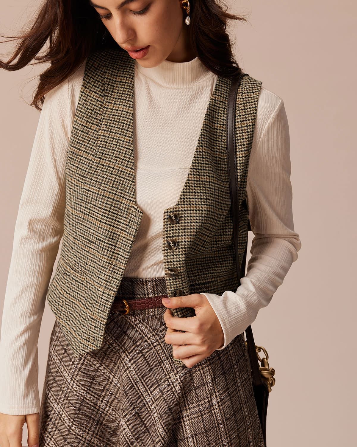 The Khaki V Neck Houndstooth Button Vest sold by rihoas product image thumbnail 3