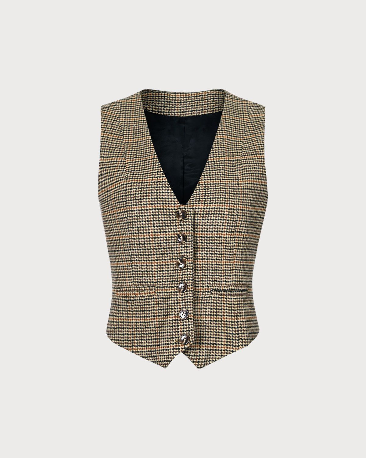 The Khaki V Neck Houndstooth Button Vest sold by rihoas product image thumbnail 6