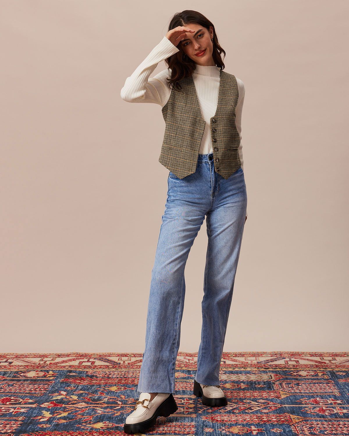 The Khaki V Neck Houndstooth Button Vest sold by rihoas product image thumbnail 4