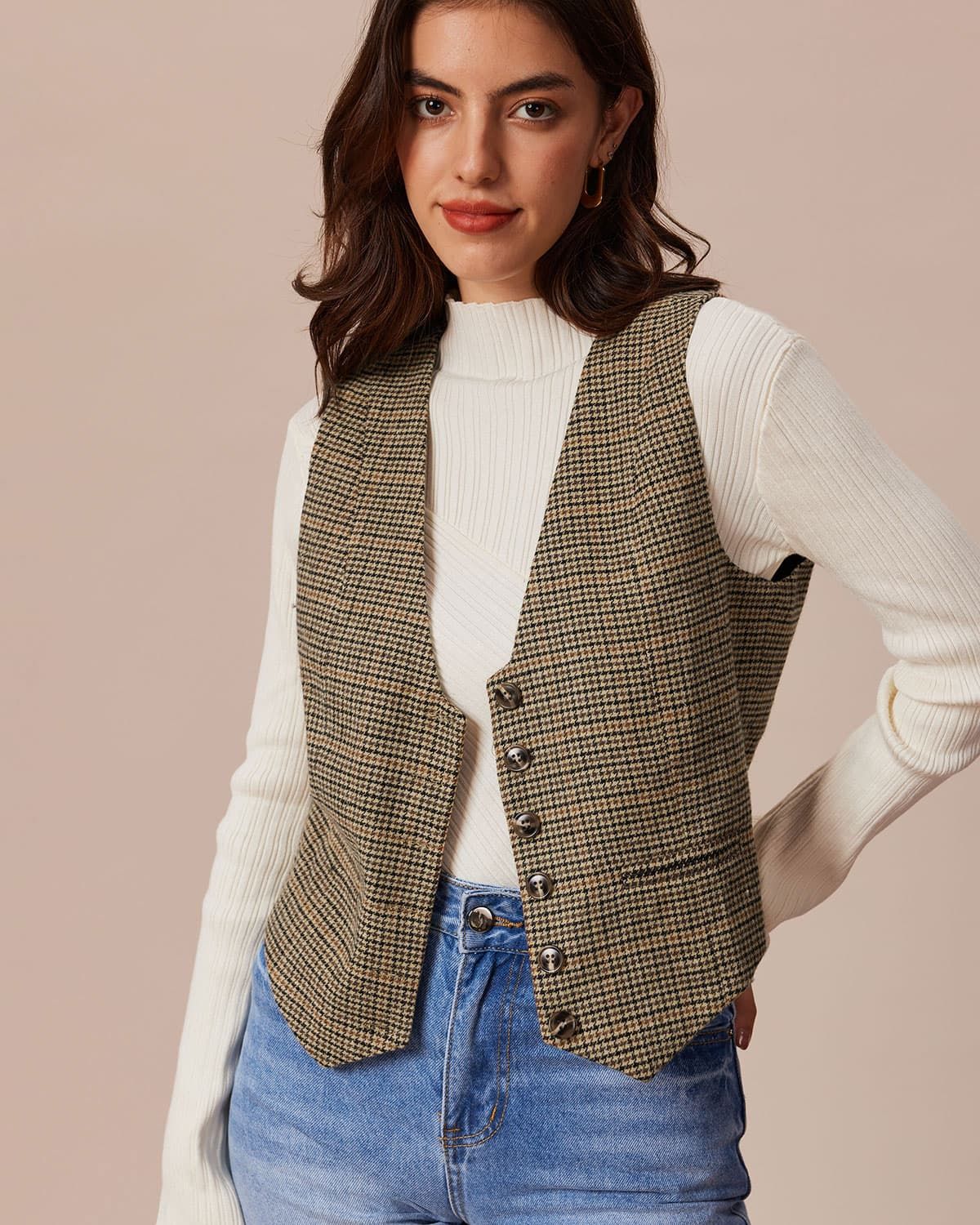 The Khaki V Neck Houndstooth Button Vest sold by rihoas