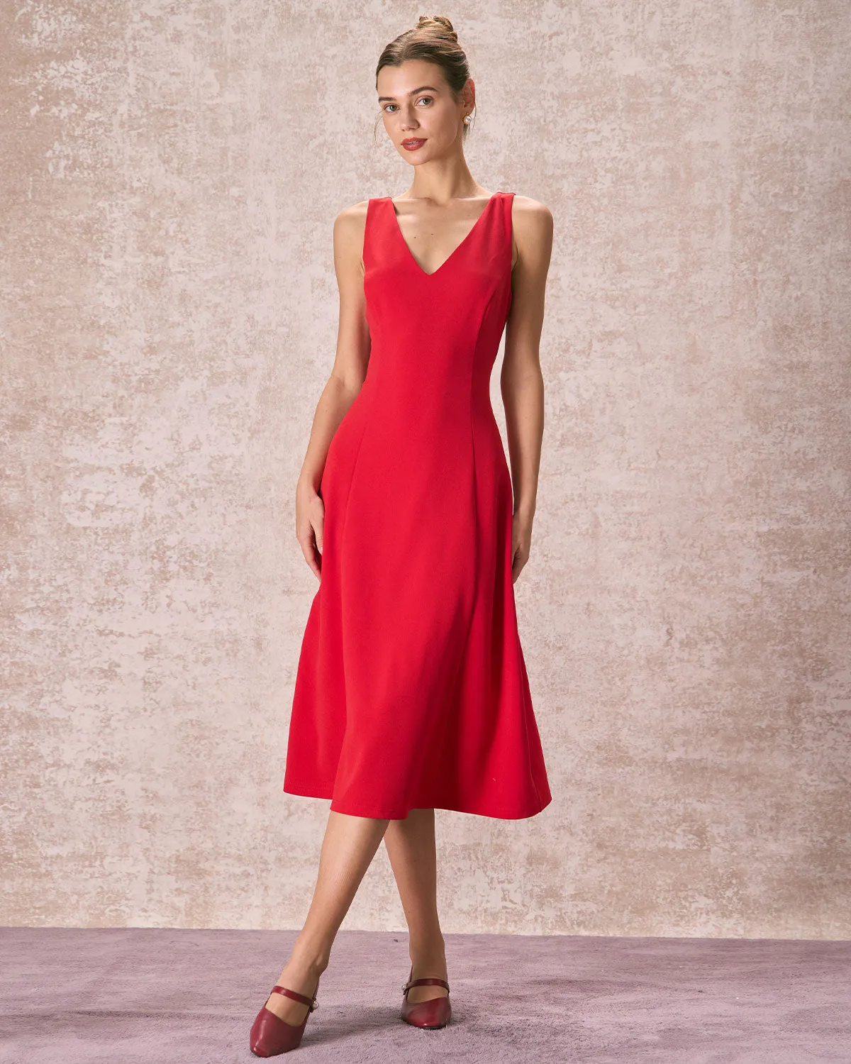 The Red V Neck Sleeveless A-Line Midi Dress sold by rihoas product image thumbnail 4