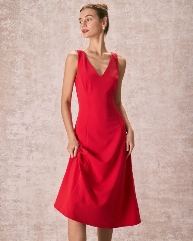 The Red V Neck Sleeveless A-Line Midi Dress sold by rihoas