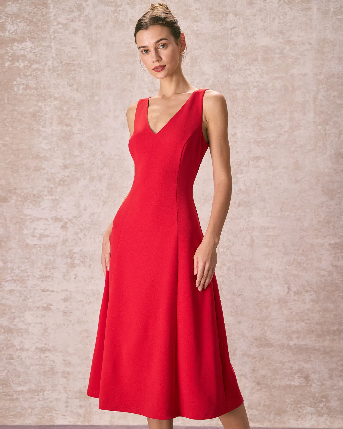 The Red V Neck Sleeveless A-Line Midi Dress sold by rihoas product image thumbnail 3