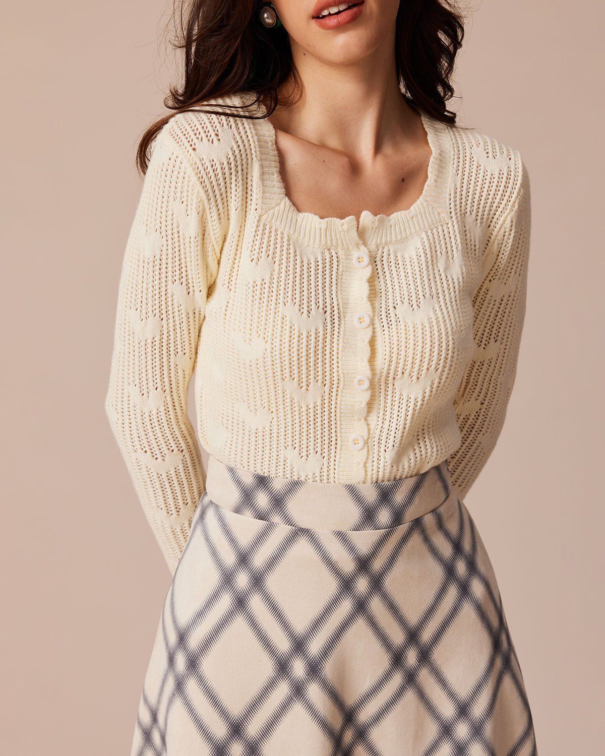 The Beige Square Neck Pointelle Knit Cardigan sold by rihoas product image thumbnail 5