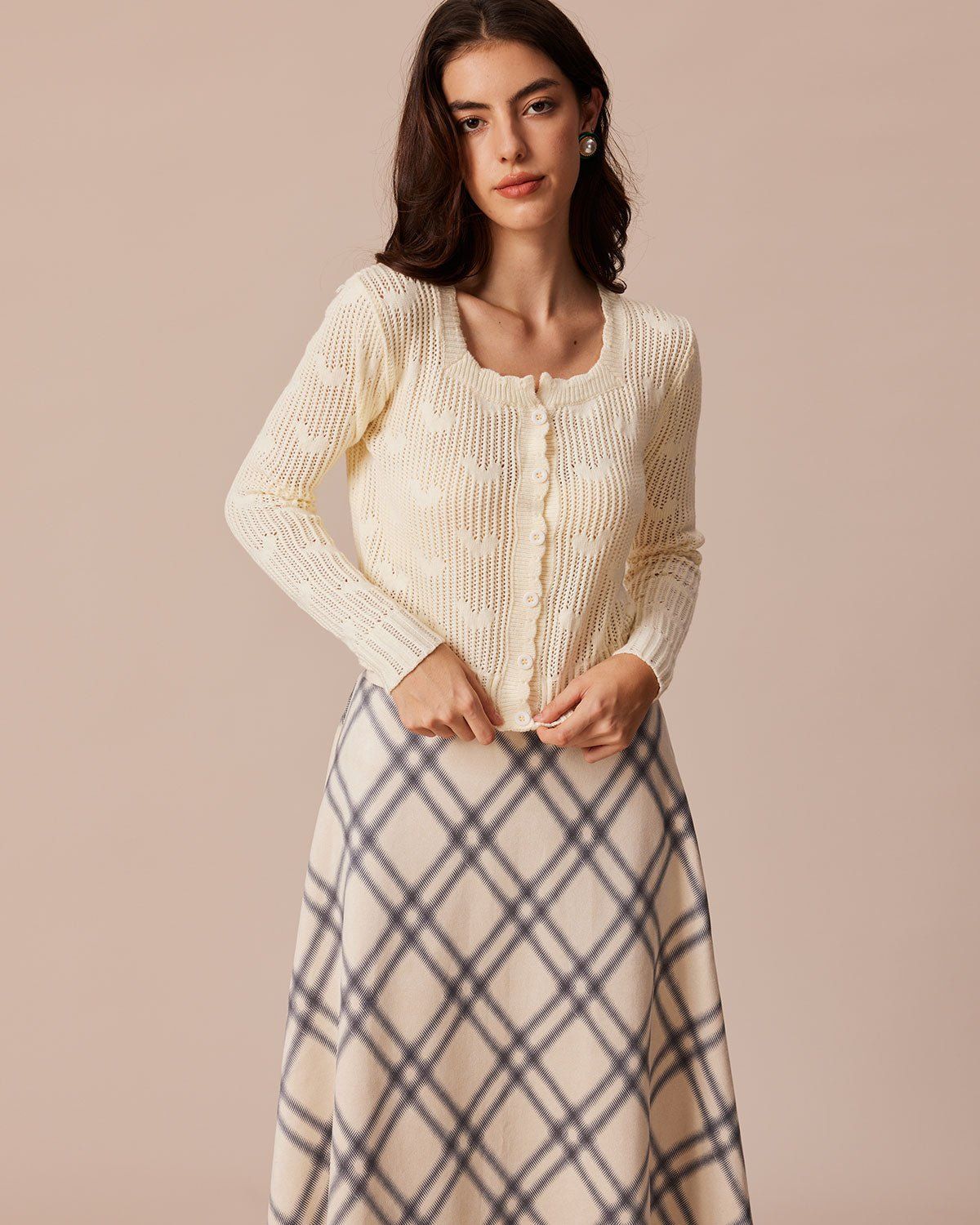 The Beige Square Neck Pointelle Knit Cardigan sold by rihoas product image thumbnail 3