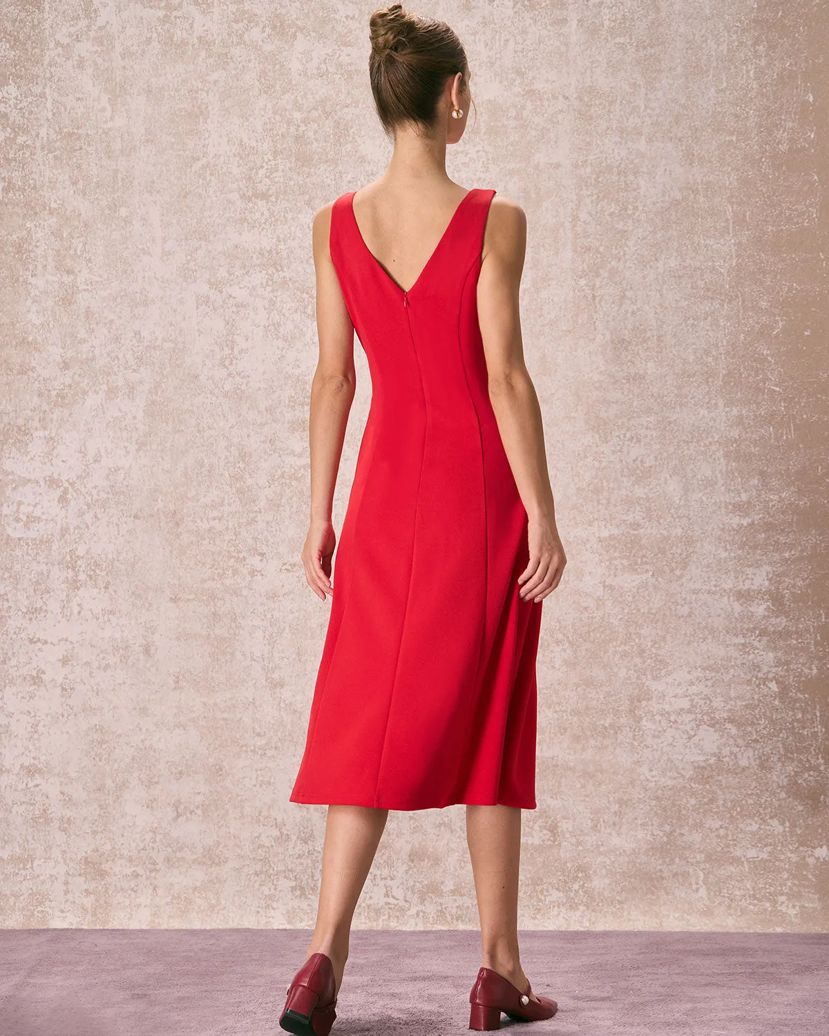 The Red V Neck Sleeveless A-Line Midi Dress sold by rihoas product image thumbnail 5