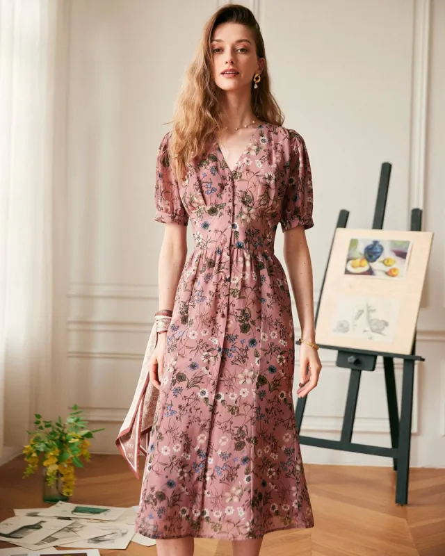 The V Neck Puff Sleeve Retro Midi Dress sold by rihoas