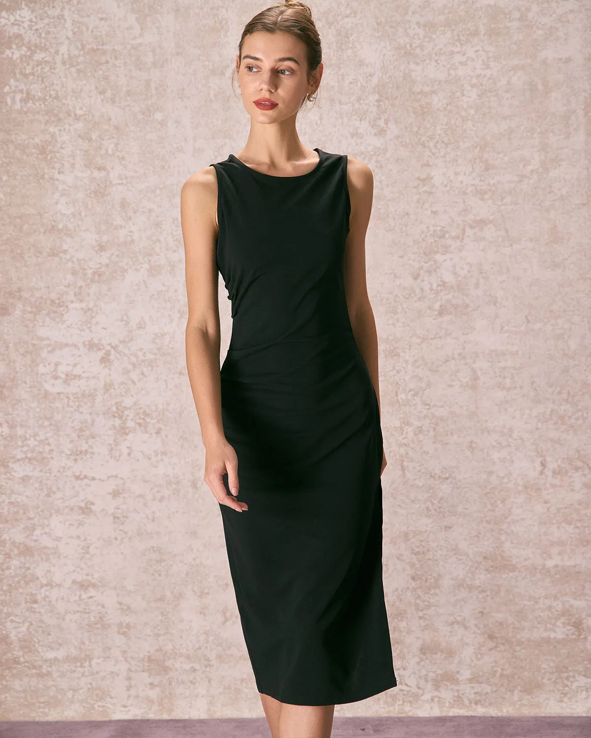 The Black Round Neck Ruched Tank Midi Dress sold by rihoas product image thumbnail 3