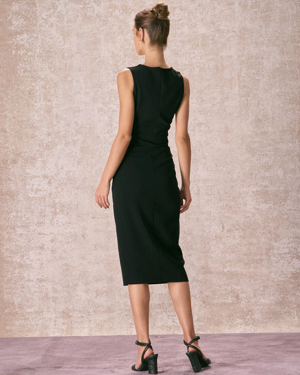 The Black Round Neck Ruched Tank Midi Dress sold by rihoas product image thumbnail 5