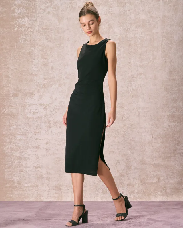 The Black Round Neck Ruched Tank Midi Dress sold by rihoas