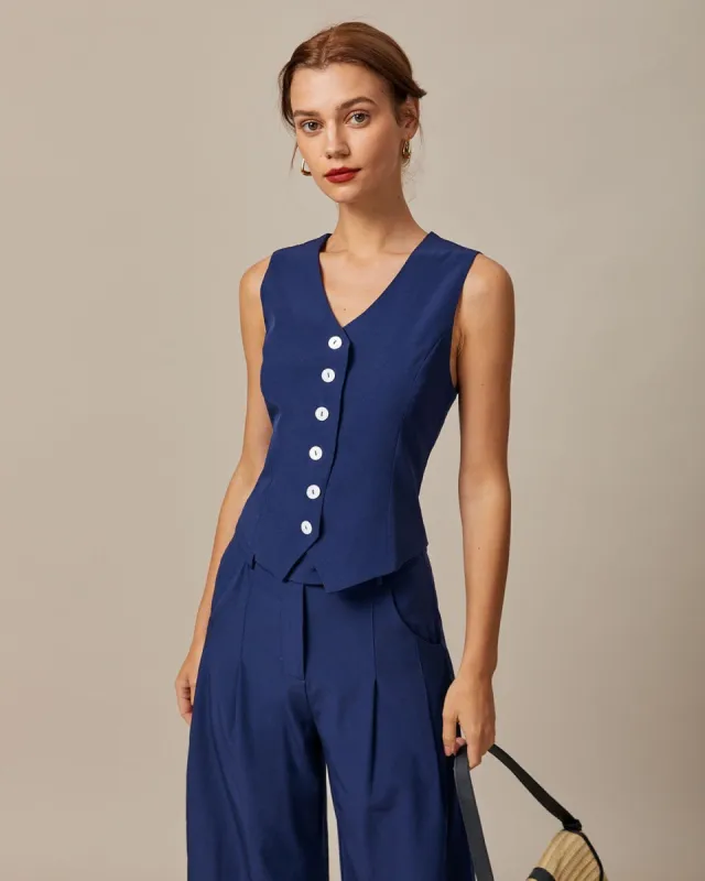 The Navy V Neck Button Up Sleeveless Vest sold by rihoas